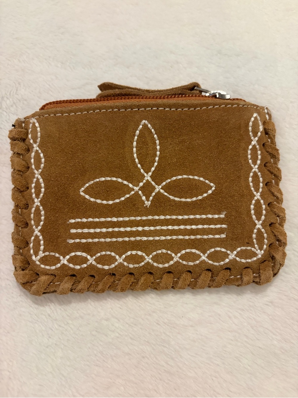 Suede Embroidered Zip Pouch - Brown